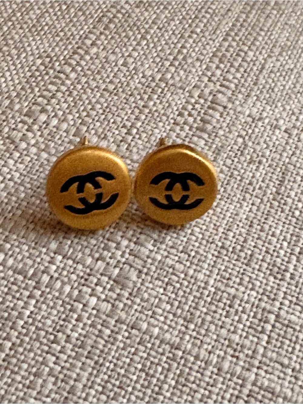 CHANEL Gold Button Earrings with Black CC